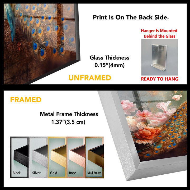 Elegant Peacock Wall Art – Floral Tempered Glass Print for Luxury Interiors