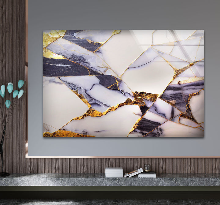 Geometric Marble Wall Art – Lux Gold Vein & Navy Cracked Stone Print for Modern Decor