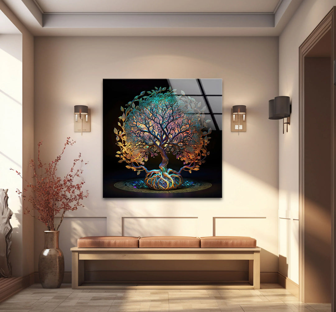 Mystical Tree of Life Wall Art – Colorful Spiritual Glass Print for Sacred and Boho Interiors - MyPhotoStation