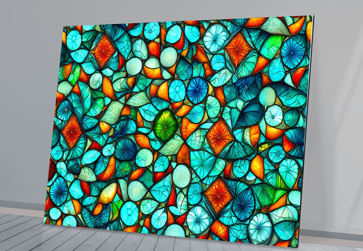 Lebendige Buntglas-Wandkunst – Abstraktes Mosaikmuster in Türkis und Orange