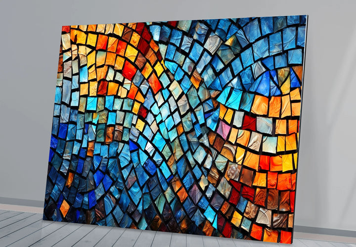 Vibrant Mosaic Wave Glass Wall Art – Colorful Abstract Squares Decor - MyPhotoStation