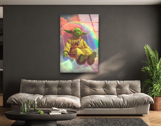 The charcoal-painted wall highlights the colorful Green Sage Swinging Rainbow Dream Sky, making it an eye-catching example of best glass art for home decoration.
