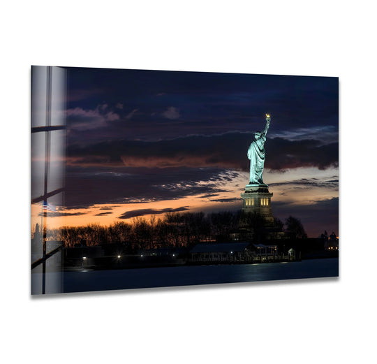 Statue of Liberty City Prints glass wall art iconic New York landmark at sunset and sunset view with Statue of Liberty and patriotic landmark art