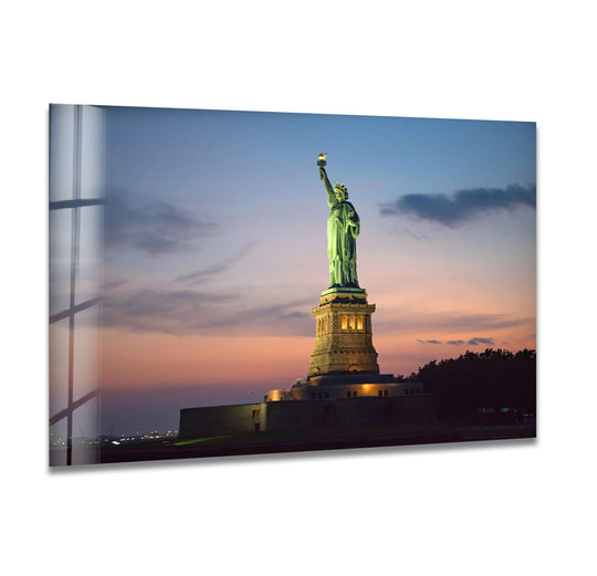 City Prints glass wall art Statue of Liberty and iconic New York landmark at dusk plus stunning USA landmark