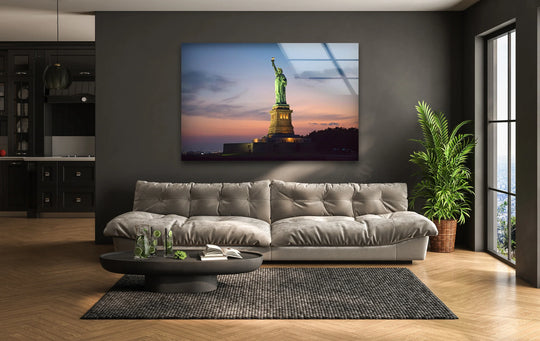 City Prints featuring famous skylines and landmarksHorizontal City Prints featuring a stunning New York landmark and dusk skyline is a glass wall artand Statue of Liberty art print shows iconic cityscape