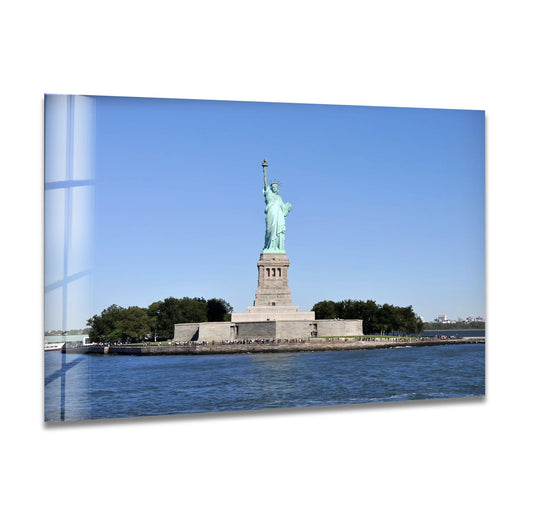 City Prints glass wall art iconic New York landmark in bright daylight featuring the Statue of Liberty and stunning daylight view
