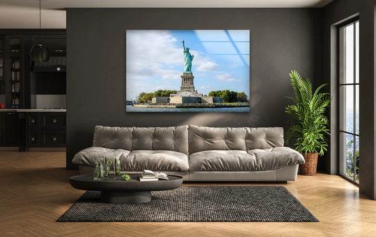 City Prints featuring Statue of Liberty in daylight and blue skies and New York landmark with vibrant glass wall art and America's freedom symbol