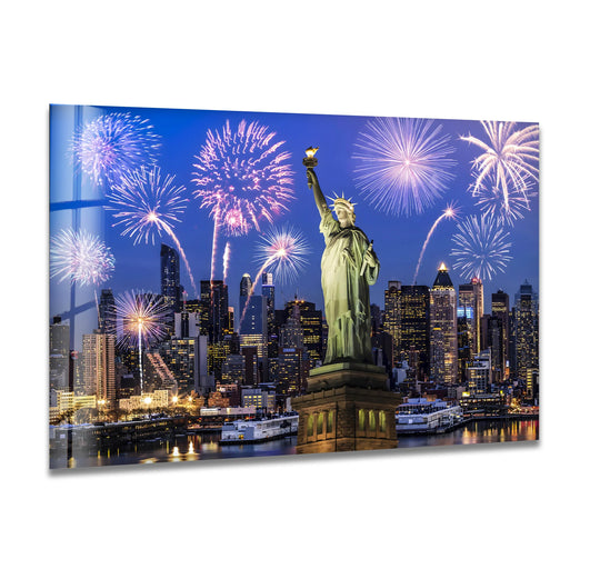 City Prints featuring the Statue of Liberty with fireworks display and iconic New York landmark and city skyline for glass wall art