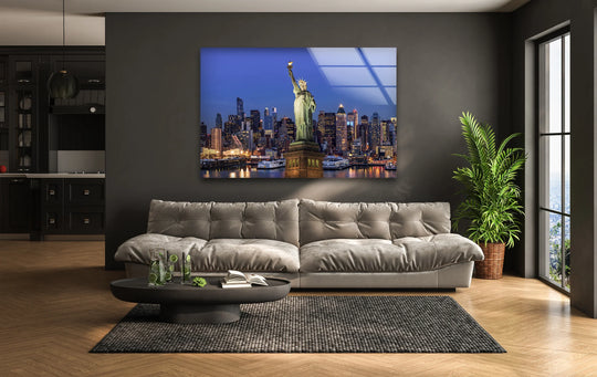 City Prints featuring the Statue of Liberty and City Skyline as Glass Wall Art with Illuminated Skyline for a Majestic New York Landmark