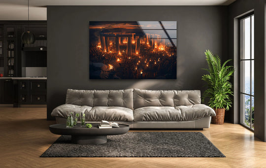 Layered with depth, this Stonehenge nighttime ritual scene utilizes glass wall art decor to bring a sense of ancient drama to the living room.