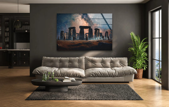Showcasing the realistic detail, this Stonehenge Under the Stars art from glass captures the celestial landscape in a mesmerizing high-definition tempered glass artwork.