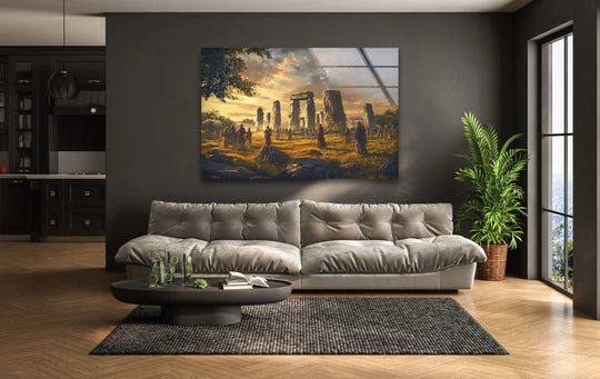 The realistic detail in this Stonehenge Ritual glass wall art reveals a stunning mystical landscape, emphasizing the ethereal figures as high-quality wall prints.