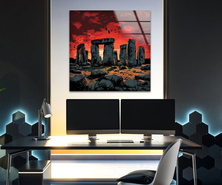 Stonehenge Sonnenuntergang Glaswandkunst – Antike Landschaft