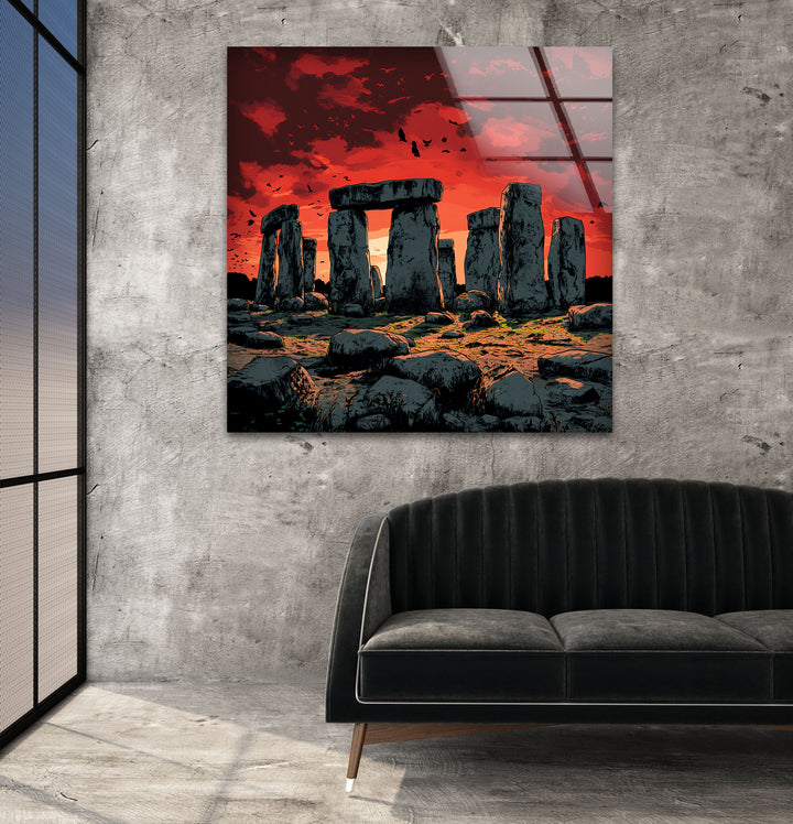 Stonehenge Sonnenuntergang Glaswandkunst – Antike Landschaft