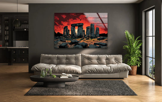 Featuring stark geometric shapes of standing stones against a fiery sky, this print wall art showcases the Stonehenge Sunset glass wall art's ancient landscape.