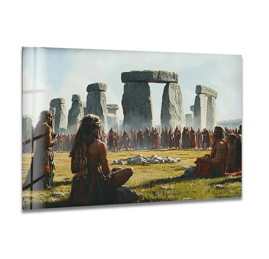 The realistic detail of this Stonehenge glass wall artwork captures the ancient ritual scene with lifelike figures gathering near the monumental stones.