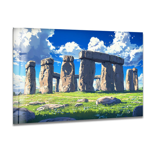 The darkest area of the Stonehenge glass wall art highlights the weathered texture of the stones, enhancing the scenic daylight captured in this art from glass piece.