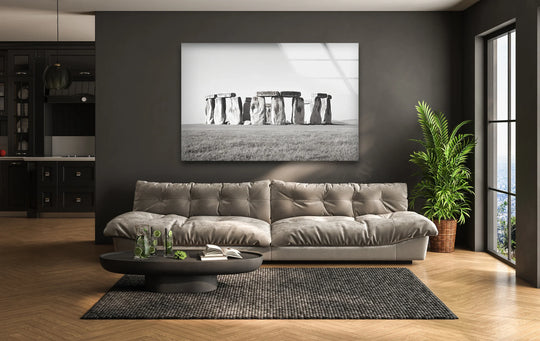 With a sleek glass finish, this Stonehenge black and white wall art prints offers a modern twist on a classic landscape scene for timeless decor.