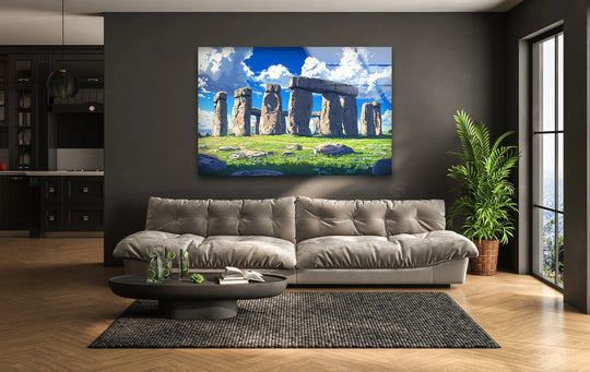 Sunlight casts intricate light and shadow patterns across the Stonehenge glass wall art decor, highlighting the ancient monument under a scenic daylight sky.