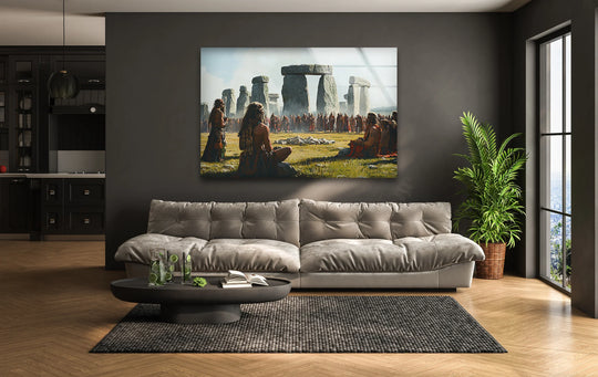 Featuring rich color saturation, the Stonehenge tempered glass wall art presents an ancient ritual scene with vibrant figures against the iconic stone circle.