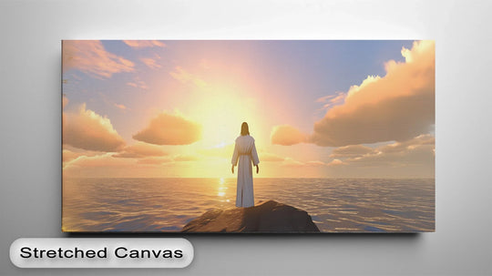 Foreground rock details provide a grounding contrast to the divine horizon of the Jesus at Sunset Over the Sea canvas print, showcasing its high quality canvas prints.