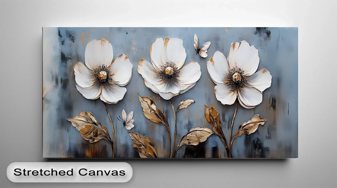 Golden Grace – White Floral Wall Art on Blue Canvas Print - MyPhotoStation
