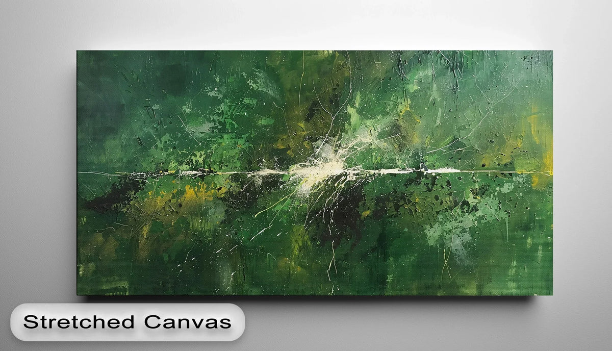 The glossy finish of this Verdant Pulse green abstract energy canvas print enhances the depth and vivid forest tones of the canvas wall art.