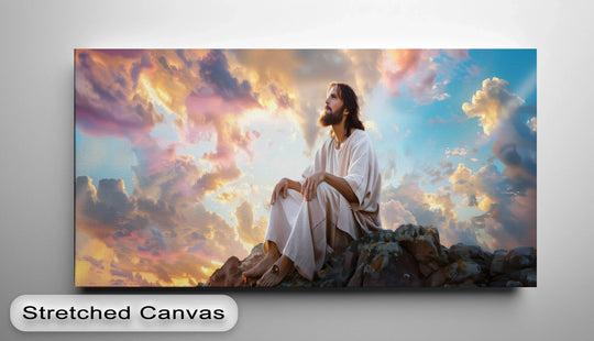 Canvas wall art Jesus under glorious skies and inspiring faith with reflection and heavenly light