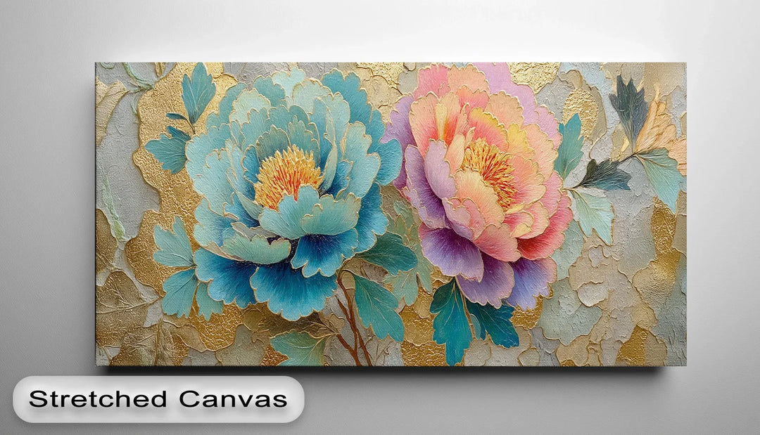 Blue and pink peony canvas print with gold textured background for elegant home decor

