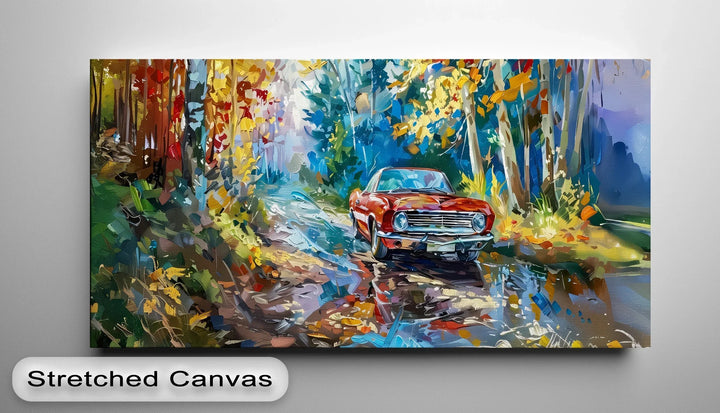 Autumn Drive Through the Forest – Red Muscle Car Canvas Print