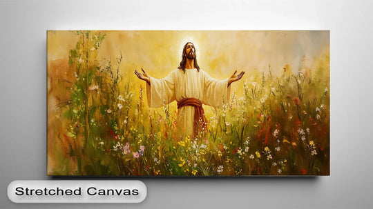 Featuring a striking color contrast, this canvas print shows Jesus in a blooming field with big canvas prints enhancing the holy subject.