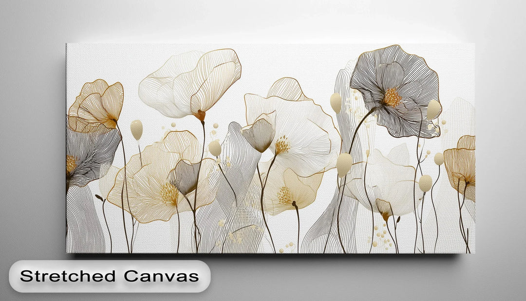 Chic canvas print featuring hand drawn poppy style flowers in gold and black
