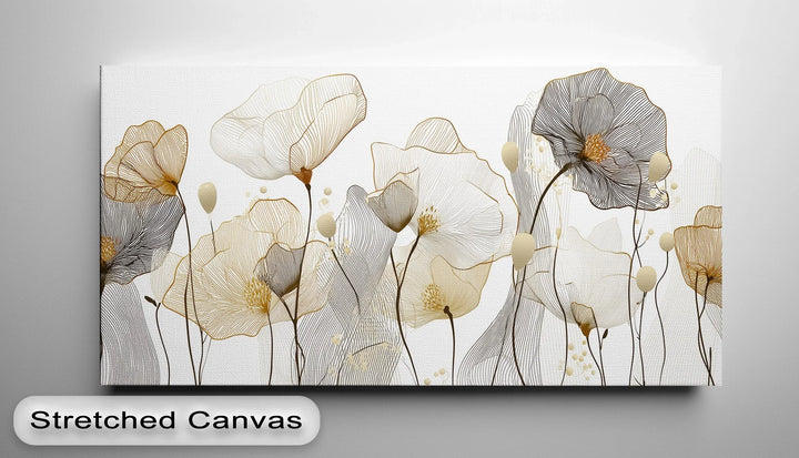 Chic canvas print featuring hand drawn poppy style flowers in gold and black
