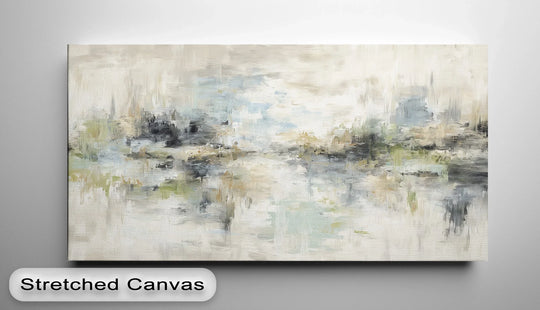 Cool color temperatures dominate this premium canvas decor abstract landscape print, with subdued blues, greens, and grays creating a tranquil scene.