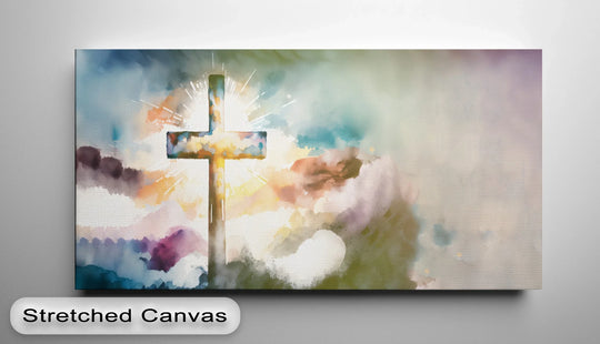 Negative space enhances the radiant cross in this watercolor Christian canvas print, creating a focal point and emphasizing the spiritual themes of the big canvas prints.