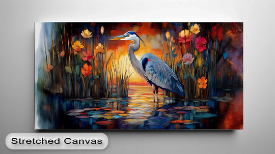 Twilight Heron Among Fire Blooms – Sunset Nature Scene Canvas Print - MyPhotoStation