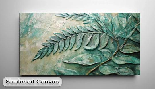 The textured finish of this emerald fern big canvas prints reveals raised botanical details, creating a striking relief effect on the green botanical print.