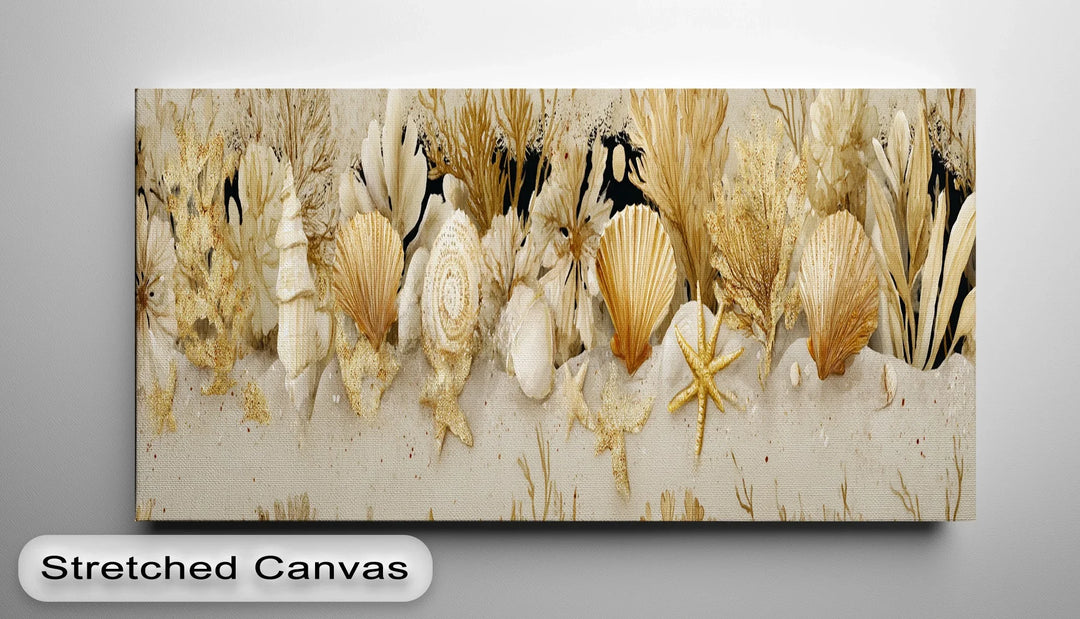 Coastal canvas print with golden seashells coral and starfish for beach home decor


