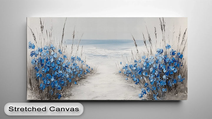Tranquil Shoreline Path – Blue Wildflowers by the Sea Canvas Print - MyPhotoStation