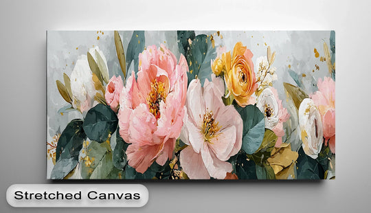 Watercolor floral canvas print with pink yellow and white blooming flowers

