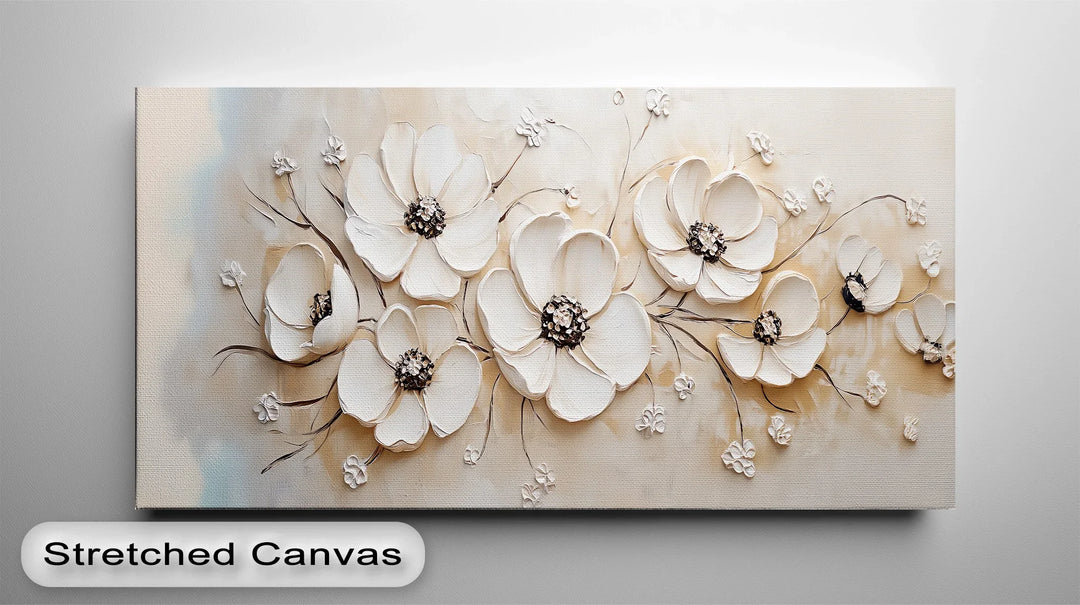 Soft and sophisticated beige floral canvas wall art for modern decor.

