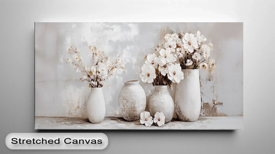 Foreground detail highlights the two petite white blossoms resting near three rustic-chic vases, showcasing the texture of this best canvas prints wall art, Soft Bloom Harmony.