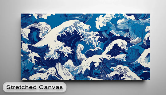 The mood is powerfully dramatic in this turbulent indigo waves hanging canvas print, inspired by Japanese art with bold colors and dynamic ocean energy.
