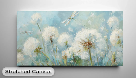 Blooming dandelion meadow steals the scene in this 'Whispers in the Breeze' canvas wall art, creating a visually striking focal point.