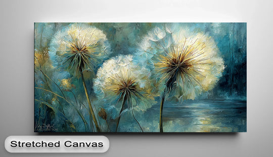 Cool color temperature highlights the luminous glow of the dandelion canvas painting print, casting a serene and ethereal ambiance.