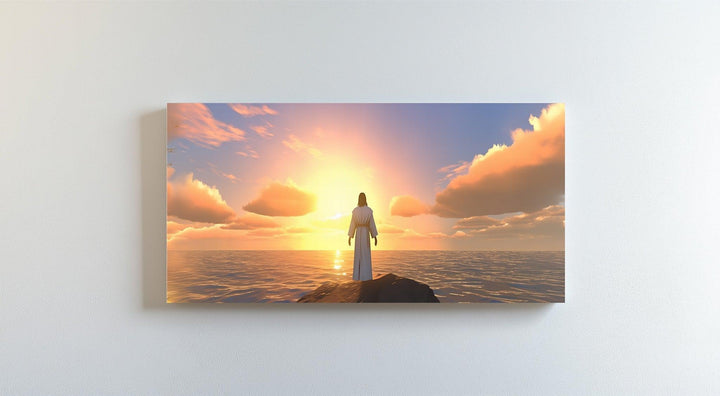 Let your walls speak serenity with this spiritual Jesus photo canvas at golden hour.

