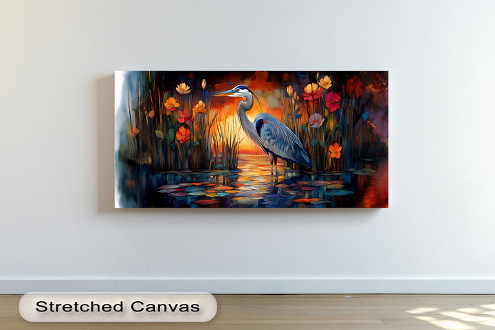 Twilight Heron Among Fire Blooms – Sunset Nature Scene Canvas Print