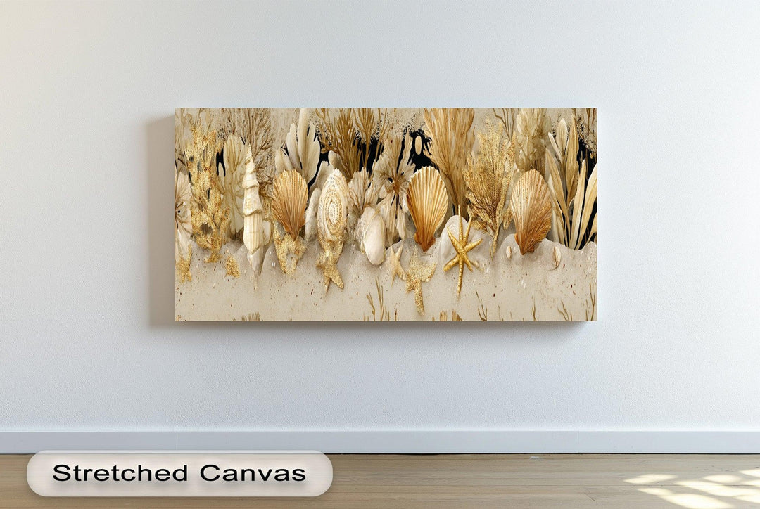 Elegant sea life canvas print with shells and marine plants for coastal interiors


