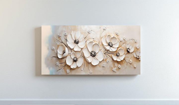 Elegant white floral canvas print with soft neutral tones for serene interiors.

