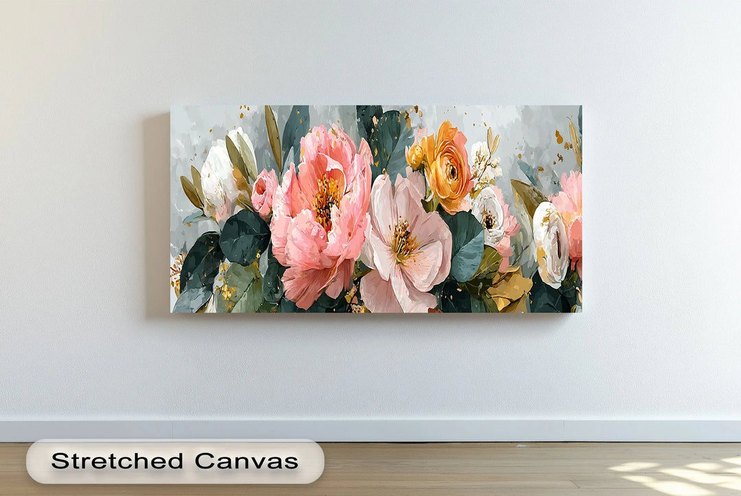 Colorful botanical wall art featuring peonies ranunculus and lush greenery

